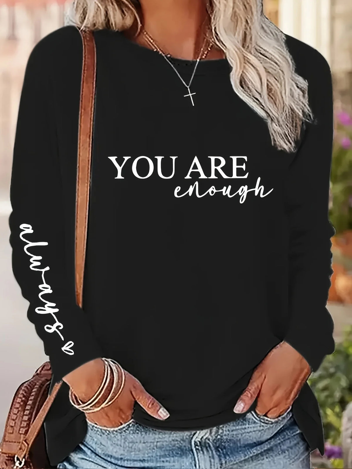 Women's Spring and Autumn 100% Cotton Fashion Casual Loose You Are Enough Printed Round Neck Long Sleeve T-shirt Top