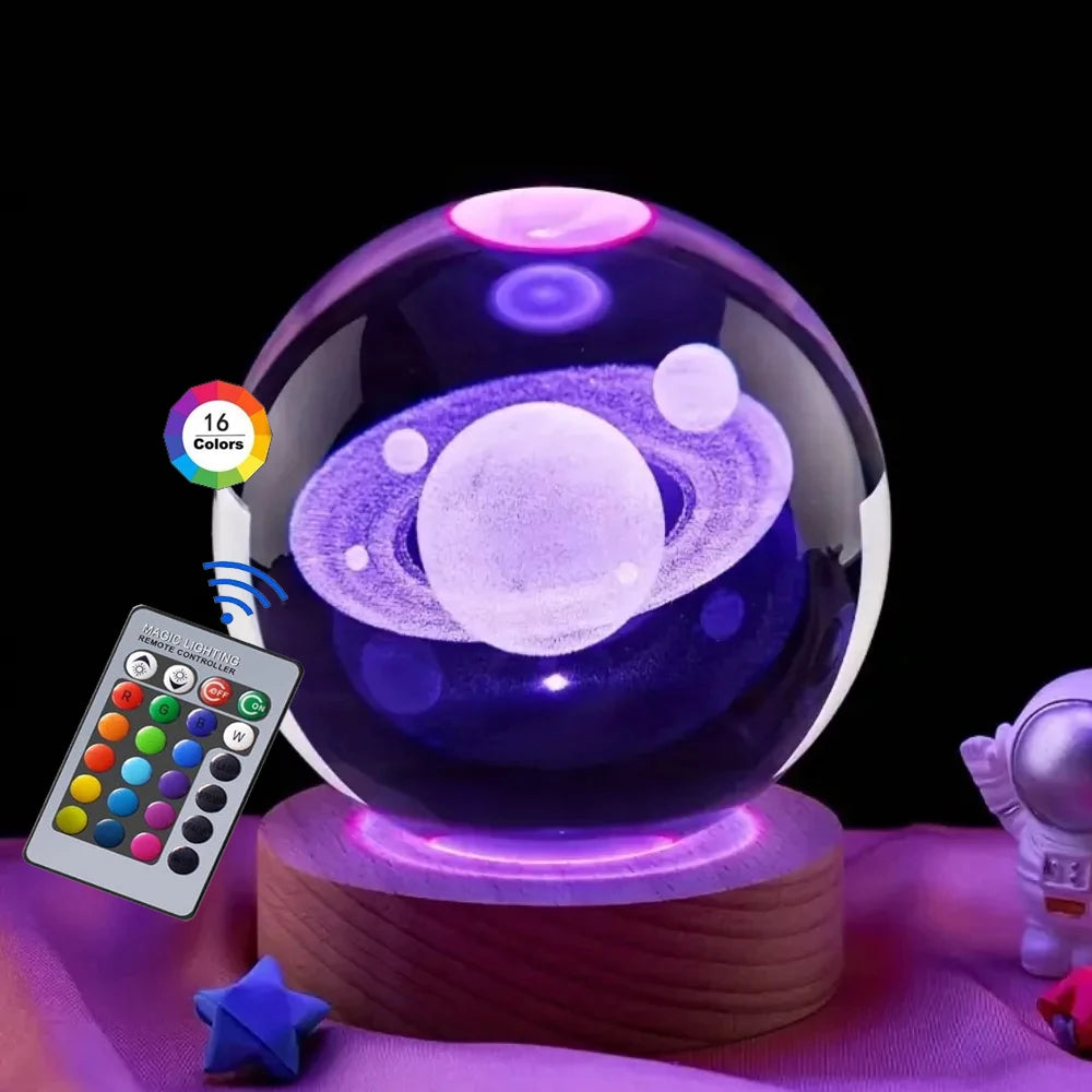 3D Crystal Ball Night Light – USB Powered Lamp With Remote Control & Wooden Base