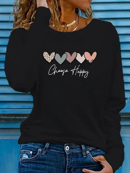 Heart Printed Shirt Funny Gothic T Shirt Women's Casual Print Long Sleeve T-Shirt Crew Neck Top Tee Tshirt