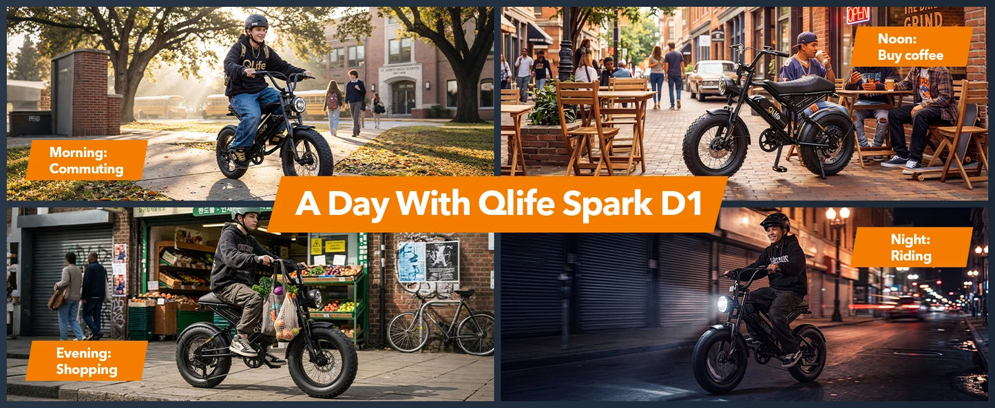 Qlife Spark D1 Electric Bike for Adults, 1500W Peak Motor 48V 10.4 Ah, 16" Fat Tires Electric Mountain Bike, 28 MPH 50Mi Range Off-Road Ebike with Full Suspension
