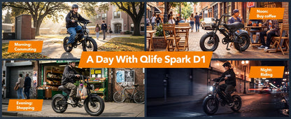 Qlife Spark D1 Electric Bike for Adults, 1500W Peak Motor 48V 10.4 Ah, 16" Fat Tires Electric Mountain Bike, 28 MPH 50Mi Range Off-Road Ebike with Full Suspension