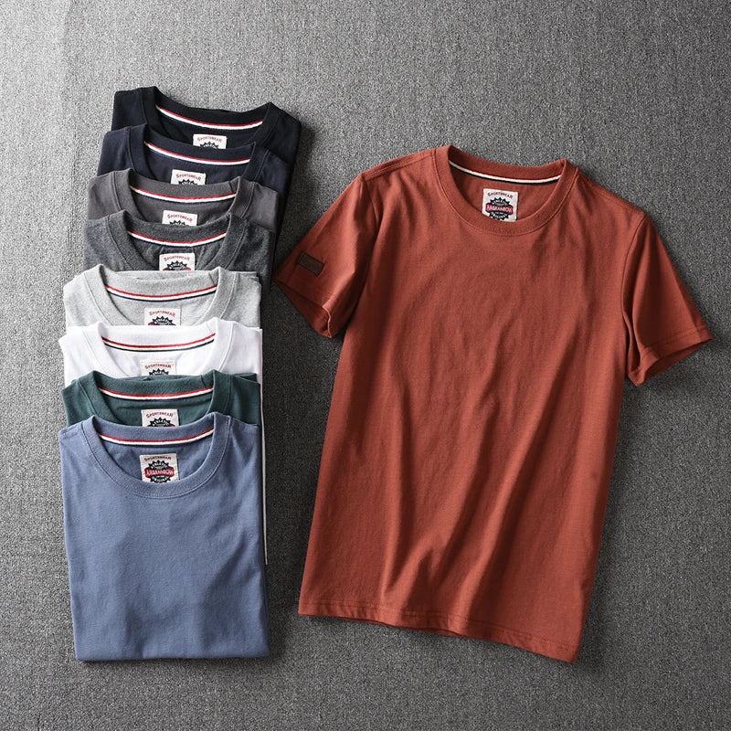 Summer New American Retro Short-sleeved O-neck Solid Color T-shirt Men's Fashion Simple 100% Cotton Washed Casual Sport Tops