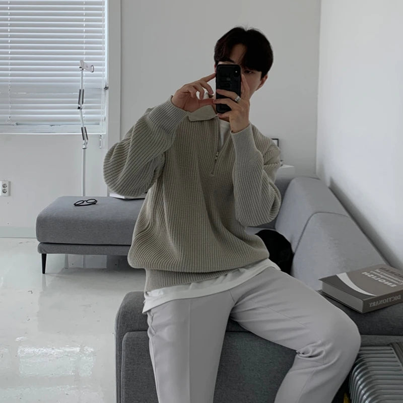 Winter Lapel Sweater Men Warm Fashion Casual Knit Pullover Men Korean Loose Zipper Long Sleeve Sweater Mens Jumper Clothes