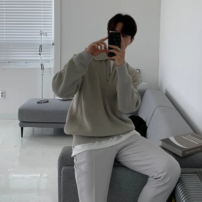 Winter Lapel Sweater Men Warm Fashion Casual Knit Pullover Men Korean Loose Zipper Long Sleeve Sweater Mens Jumper Clothes