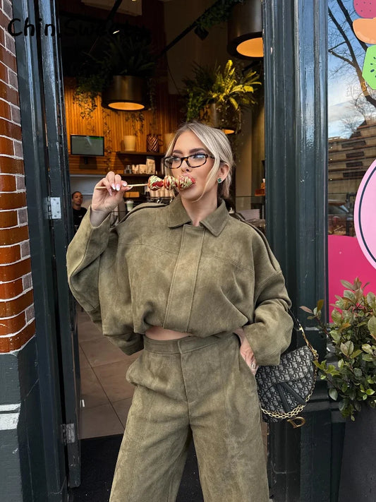 Vintage Suede Green Bomber Jacket Women Loose Lapel Full Sleeve Zipper Commute Coat 2025 Autumn Lady High Street All-match Coats