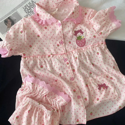 Japanese Kawaii Lolita Style Strawberry Embroidery Pajamas Set Ladies Short Sleeve Tops Shorts Sweet Summer Homewear Outfit