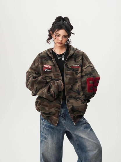 American High Street Camouflage Open Cardigan Hoodie For Men Women Spring Autumn Fashion Couple Zipper Jacket Loose Streetwear