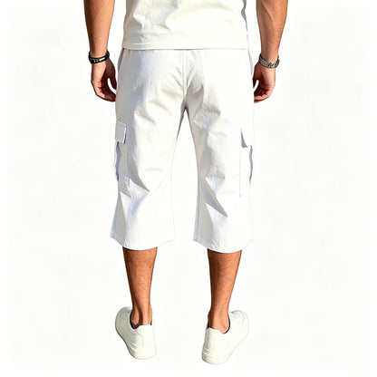 2026 New Men Multi Pocket Cargo Capri Shorts Loose Fit Daily Street Travel Outdoor Casual Drawstring Waist Cropped Short Pants