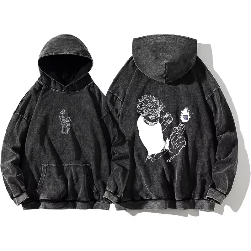 Japanese Anime Jujutsu Kaisen Print Hooded Pullover Men Hip Hop Sweatshirt Vintage Hoodie Harajuku Cotton Sweatshirts