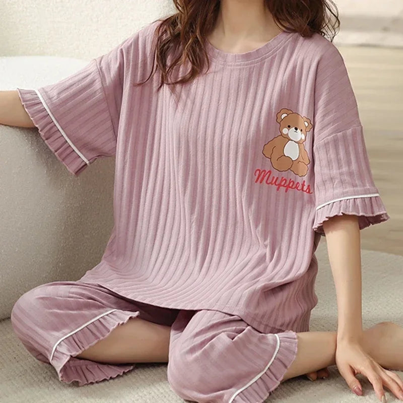 Summer Capris Pajamas for Women Plus Size 5XL Woman Causal Pajama Sets Cartoon Lapel Pijamas Cute Girl Soft Cotton Sleepwear