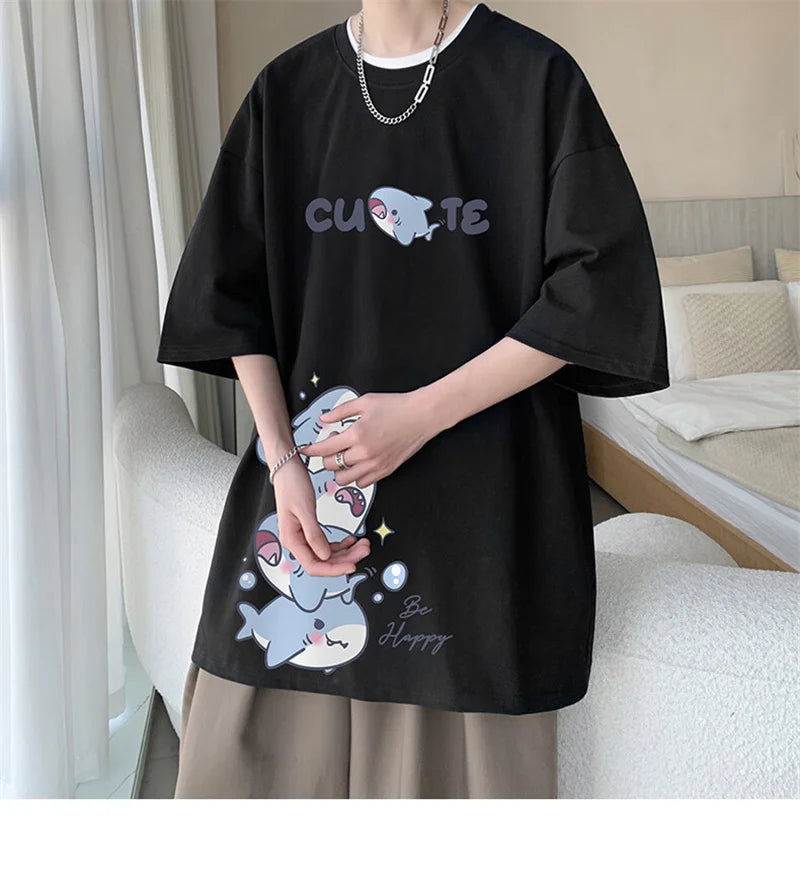 Men's Cotton T-shirts White Men Oversized T Shirt Anime Shark Print Summer Casual Wear 5XL Tee Shirts Big Size Male Clothes
