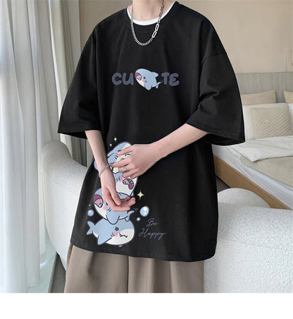 Men's Cotton T-shirts White Men Oversized T Shirt Anime Shark Print Summer Casual Wear 5XL Tee Shirts Big Size Male Clothes