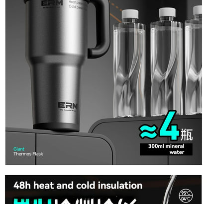1200ML Extra Large Tumbler Ceramic Drinkware Stainless Steel Water Bottle Insulated Vacuum Flask Straw & Handle Leakproof Mug
