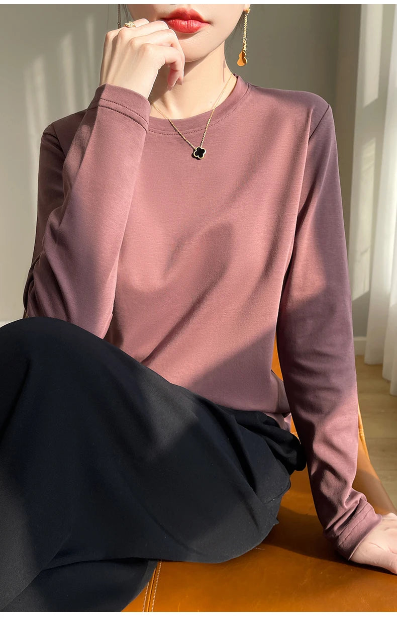 100 Cotton Womens Long-Sleeved Round Neck T-Shirt - Loose Bottoming Top for Spring  Autumn