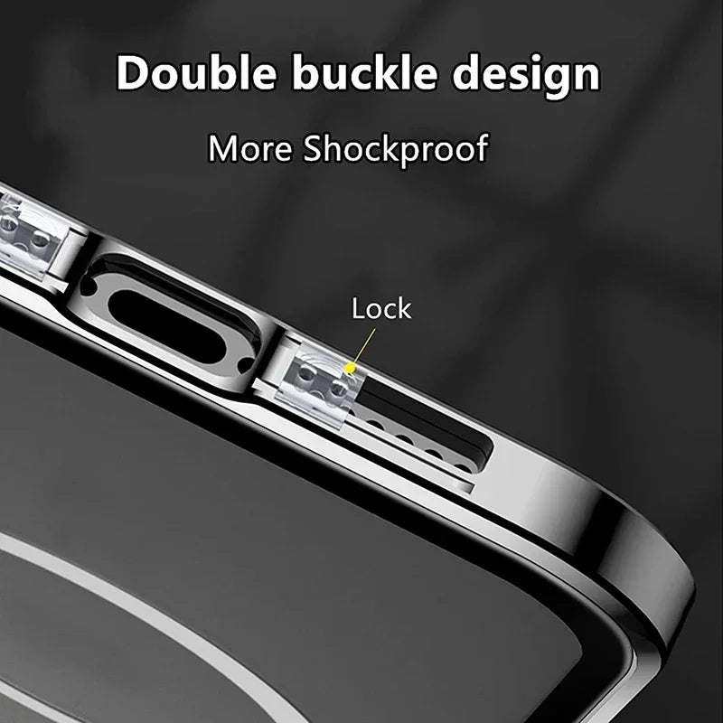 360 ° Full Protection Metal Magnetic Double-Sided Glass Snap Lock Privacy Case For iPhone 17 16 15 14 13 12 Pro Max Plus 17E 16E