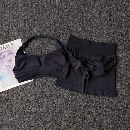 2 Pieces Yoga Suit for Women Seamless Fitness Gym Clothes Halter Sports Bra Matching Impact Shorts Workout Sets Gym Outfit
