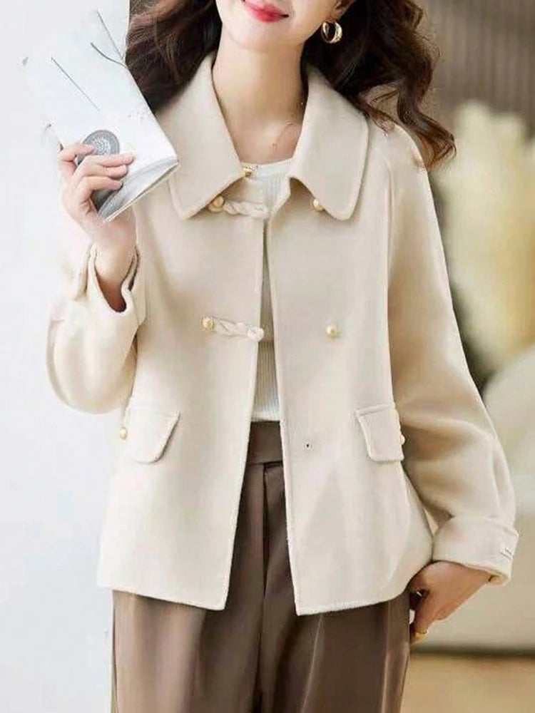 Short Coats Women – Elegant Double Breasted Formal Office Coat With Turn-Down Collar