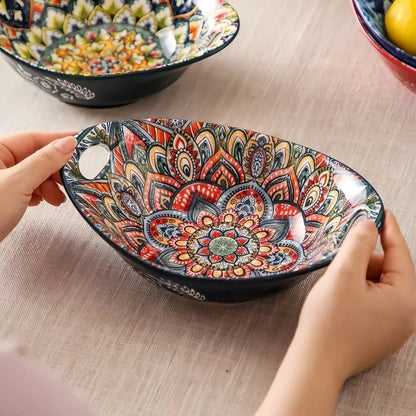 Bohemian Ceramic Salad Bowl Set - Microwave Safe Stackable Oval Plates with Handle 2PCS