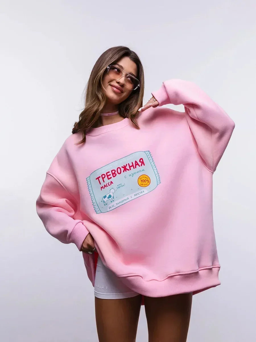 Sumuyoo Printing Warm Sweatshirt Loose Round Neck Oversized Chic Women's HoodiesTrendy Casual Autumn Winter Office Lady Pullover