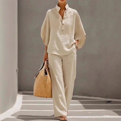 Fashion Cotton Linen  Pant Set  Women's Casual Stand Collar Button Top Wide Leg Trousers 2-piece Set Retro Female Office Suit