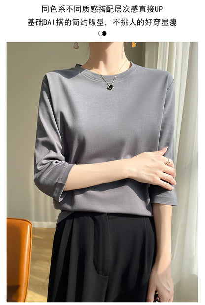 Summer Cotton Short-Sleeved T-Shirt Women's Round Neck Seven-Point Sleeves Loose Mercerized Cotton Half-Sleeve Shirt New T-shirt