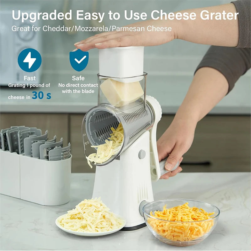 5 in 1 Cheese Grater - Rotary Stainless Steel Kitchen Vegetable Slicer & Nut Chopper