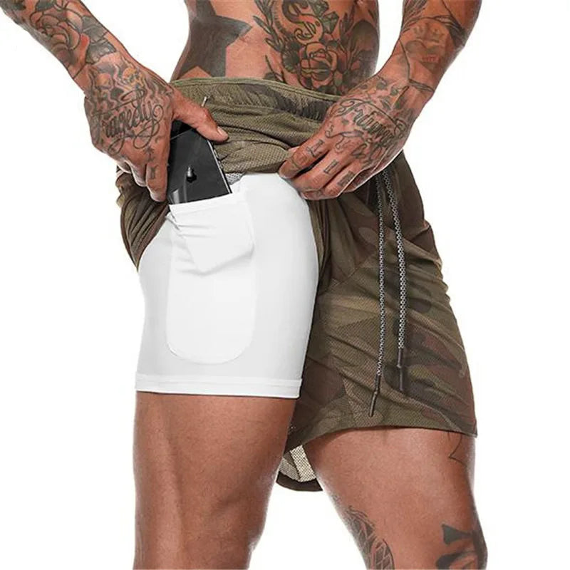 Men Running Shorts - 2 in 1 Quick Dry Sports Jogging Shorts with Hidden Phone Pocket