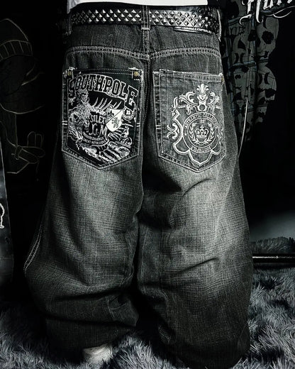 Y2K New Retro Centipede Embroidery Pattern Washed Oversized Wide-Leg Pants Street Gothic Harajuku Floor Pants For Men and Women