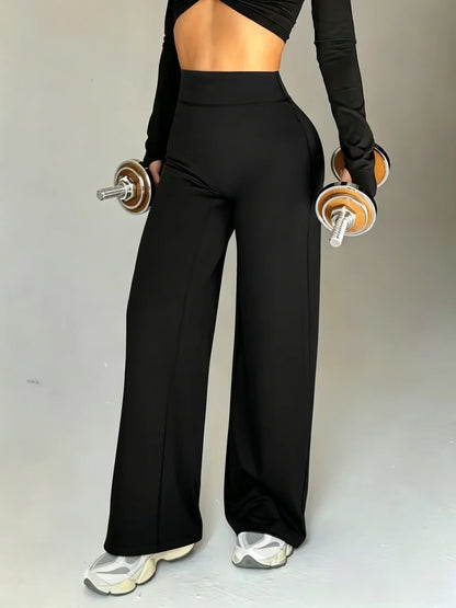 Ladies High-Waist Butt-Lifting Wide Leg Yoga Pants Soft Elastic Straight Fitness Trousers Skin-Friendly High Elasticity