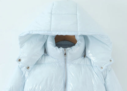New Winter Fashion Women Bright Light Blue Zipper Up Bread Parka Coat Woman Stand Collar Removable Hooded Long Sleeve Outerwear