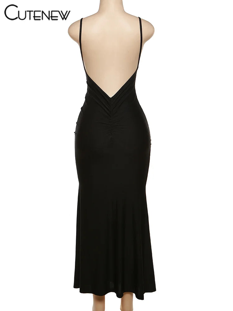 Red Spaghetti Strap Maxi Dress - Sexy Backless Ruched Body Shaping Dress Women