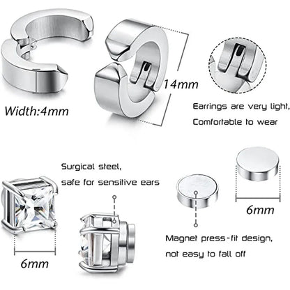 1 Pairs Stainless Steel Magnetic Stud Earrings For Men Women Hoop Earrings Clip On CZ Non-Piercing Steel All Ages