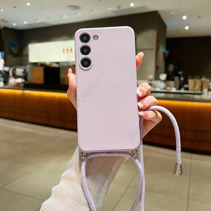 Crossbody Lanyard Soft Case For Samsung Galaxy S23 FE S25 Edge S26 S24 Ultra A17 A57 A37 A55 A56 A16 5G Liquid Silicone Cover