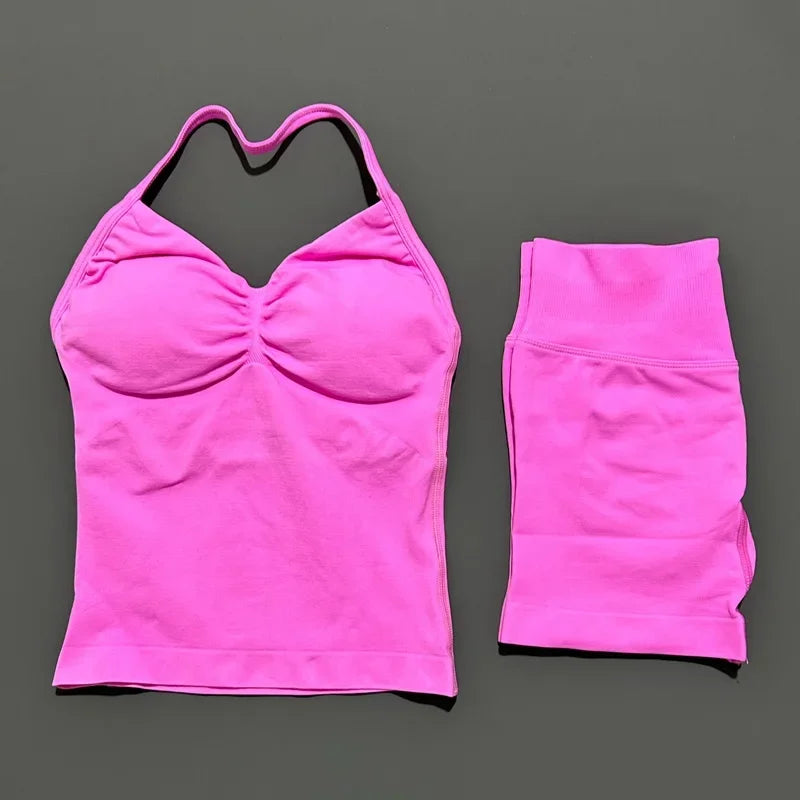 2Pcs HISTELLO Yoga Set Women Halter Tank Top Scrunch Butt Lifting Shorts Ruched Anti Chafe Quick Dry Gym Workout Sports Set