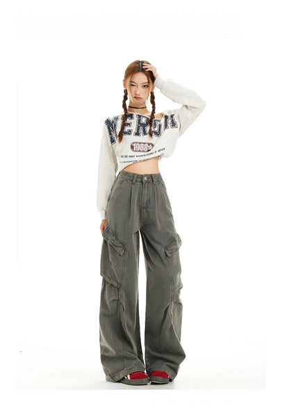 Retro Casual High Waisted Baggy Cargo Jeans Women Washed Distressed Wide Leg Pants Brown Denim Y2K Streetwear Vintage Trousers
