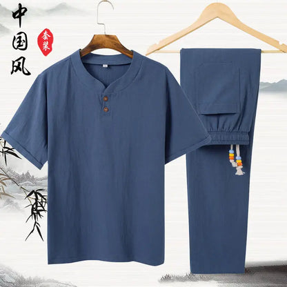 Linen Cotton T-shirt Men's Set Chinese Style Short Sleeve Sportswear +trousers 2 Piece Sets Summer Men Tracksuit Solid Suit