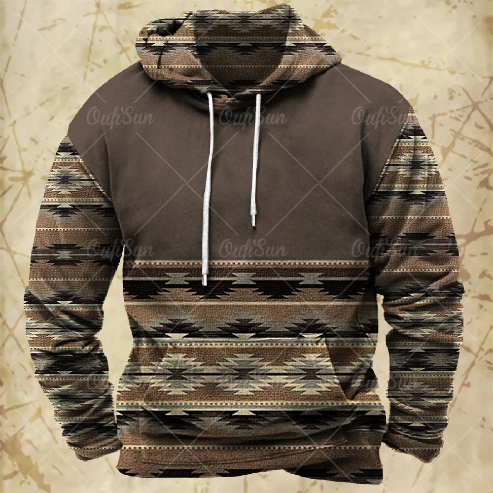 Men Hooded Vintage Print  Sweatshirt Ethnic Style Hoodie Autumn and Winter Oversized Casual Men's Clothing Daily Street Pullover