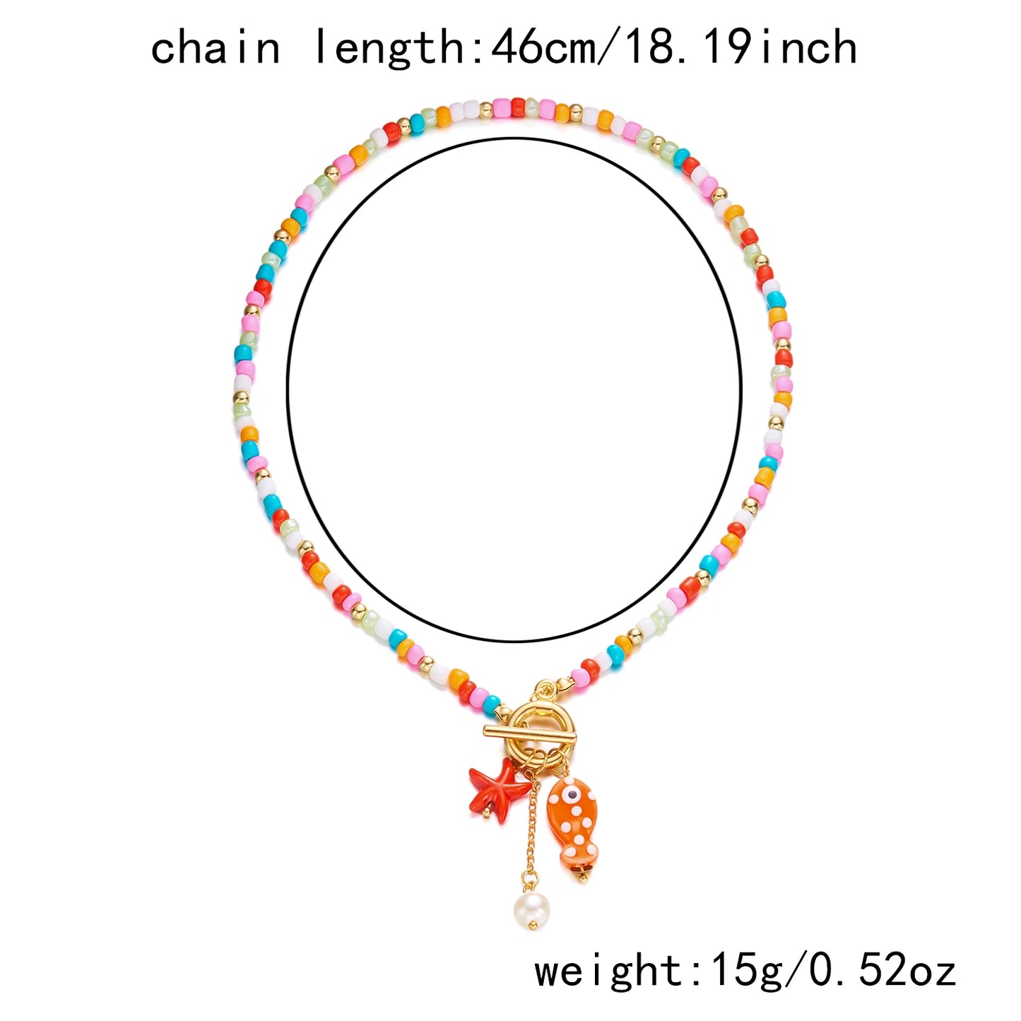 Bohemian Ceramic Fish & Starfish Pendant Necklaces for Women Men Colorful Rice Beaded Chain Necklaces Lightweight Beach Jewelry