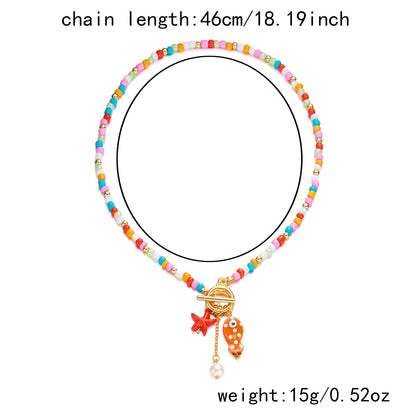 Bohemian Ceramic Fish & Starfish Pendant Necklaces for Women Men Colorful Rice Beaded Chain Necklaces Lightweight Beach Jewelry