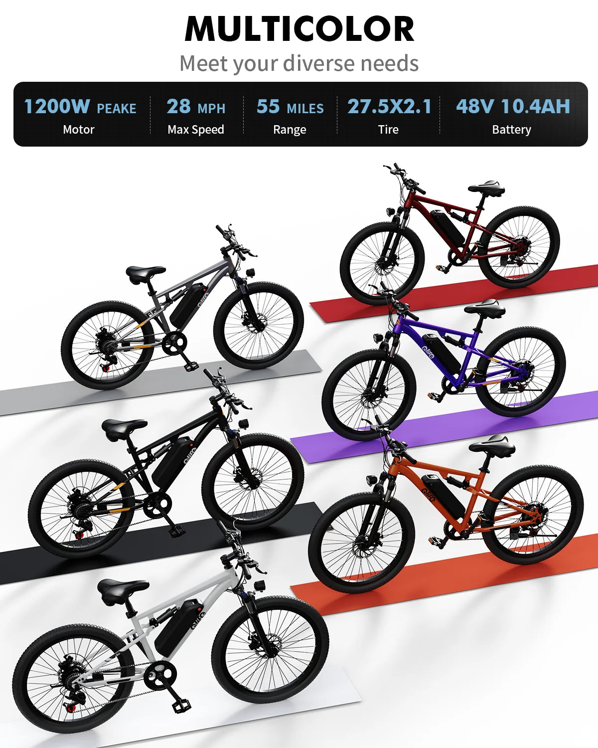 Qlife Racer Ultra Electric Bike for Adults, Peak 1200W 48V 10.4Ah,  27.5" Tire Electric Mountain Bike, 28MPH 55 Miles Off-road Electric Bicycle, 21-Speed E-Bicycle with Full Suspension