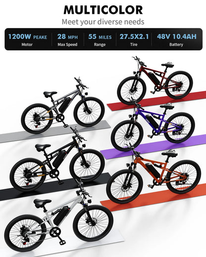 Qlife Racer Ultra Electric Bike for Adults, Peak 1200W 48V 10.4Ah,  27.5" Tire Electric Mountain Bike, 28MPH 55 Miles Off-road Electric Bicycle, 21-Speed E-Bicycle with Full Suspension