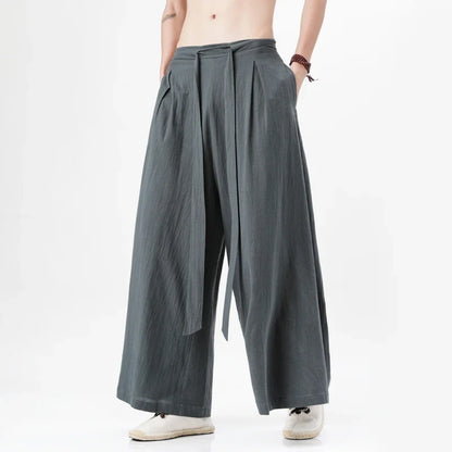 Chinese Style Linen Cotton Retro Pants Man Summer Kimono  Solid Color Traditional Pants Male Streetwear Casual Wide-Leg Trousers