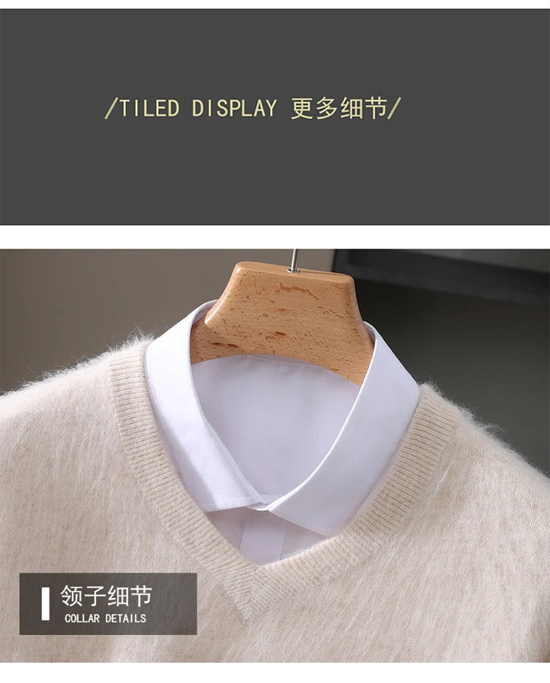 Men's 100% Pure Mink Cashmere Sweater V-neck Pullover Knit Bottoming Shirt Autumn And Winter New Long-Sleeve High-End Mink Tops