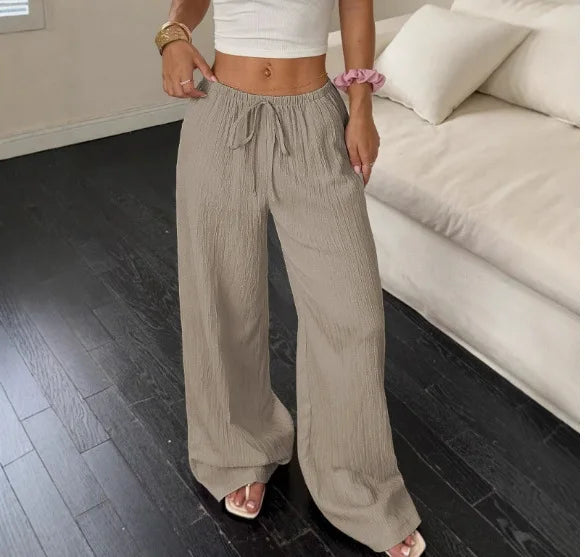 Women's Elegant Multi-Functional Stretch Waist Comfortable Casual Pants, Slightly Stretchy Simple Solid Textured Fabric High-Waist Wide-Leg Pants with Drawstring Waist and Slanted Pockets