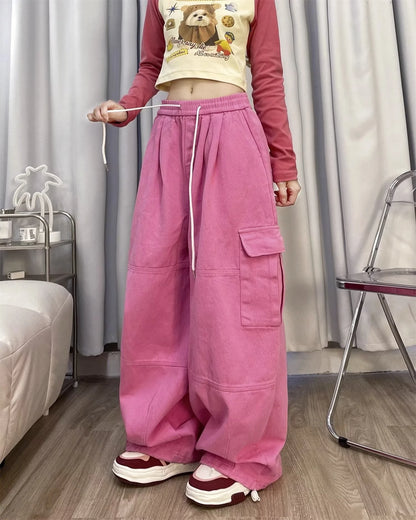 Cargo Pants Women Solid Color Japanese Loose Thin Straight Wide-leg High Waist Trousers High Street Basics Casual Pants Female