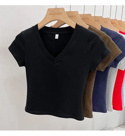 Summer Sexy V-neck Slim T Shirt Women Cotton Basic Solid Crop Tops Female Casual Tops Short Sleeve T-shirts 2026