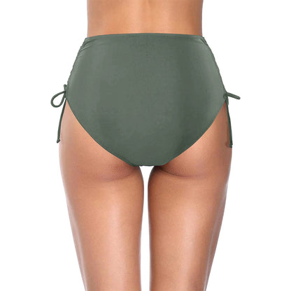 Basic Tight Swimming Bottoms for Female Solid Color High Waist Full Coverage Bikini Split Swimsuit Briefs Beach Drawstring Trunk