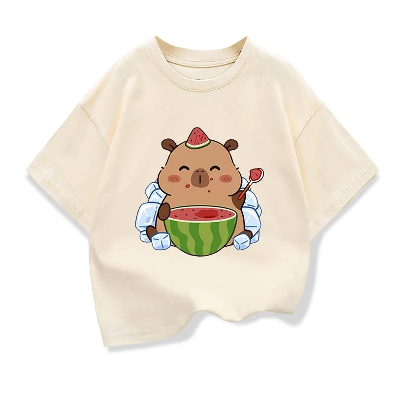 Summer New Capybara Watermelon Printed Cartoon Fashion Short Sleeve T-shirt Kids Clothing Tees Girls Loose Casual Tops T Shirts