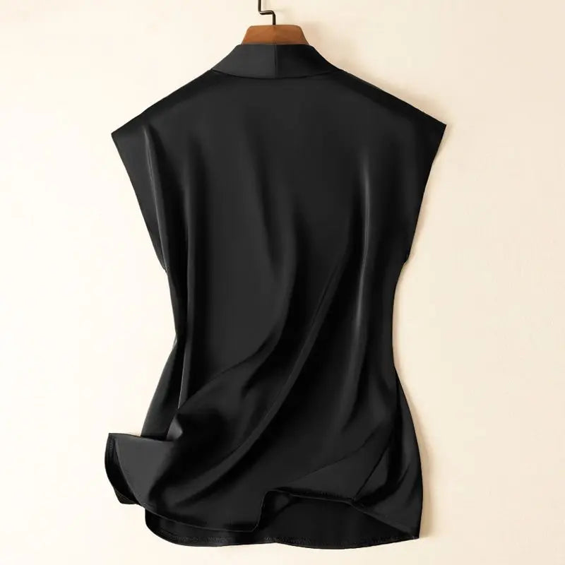 Coffee Silk Rayon V-Neck Pullover Sleeveless Casual Chic Women's Blouse Shirt Korean Fashion Female Clothing 2024 Summer
