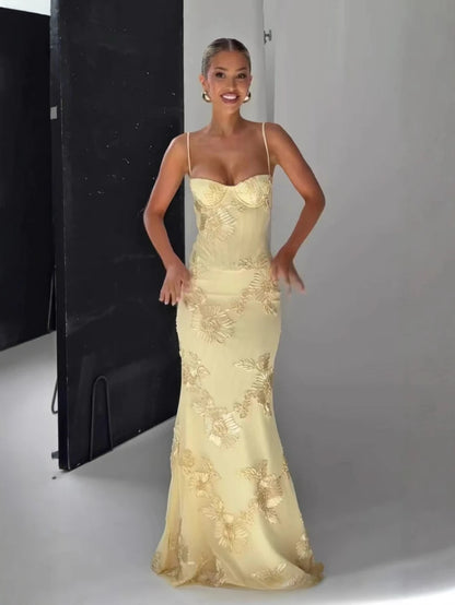 Backless Mermaid Dress Maxi Yellow Prom Gown With 3D Floral Embroidery - Sexy Lace Up Party